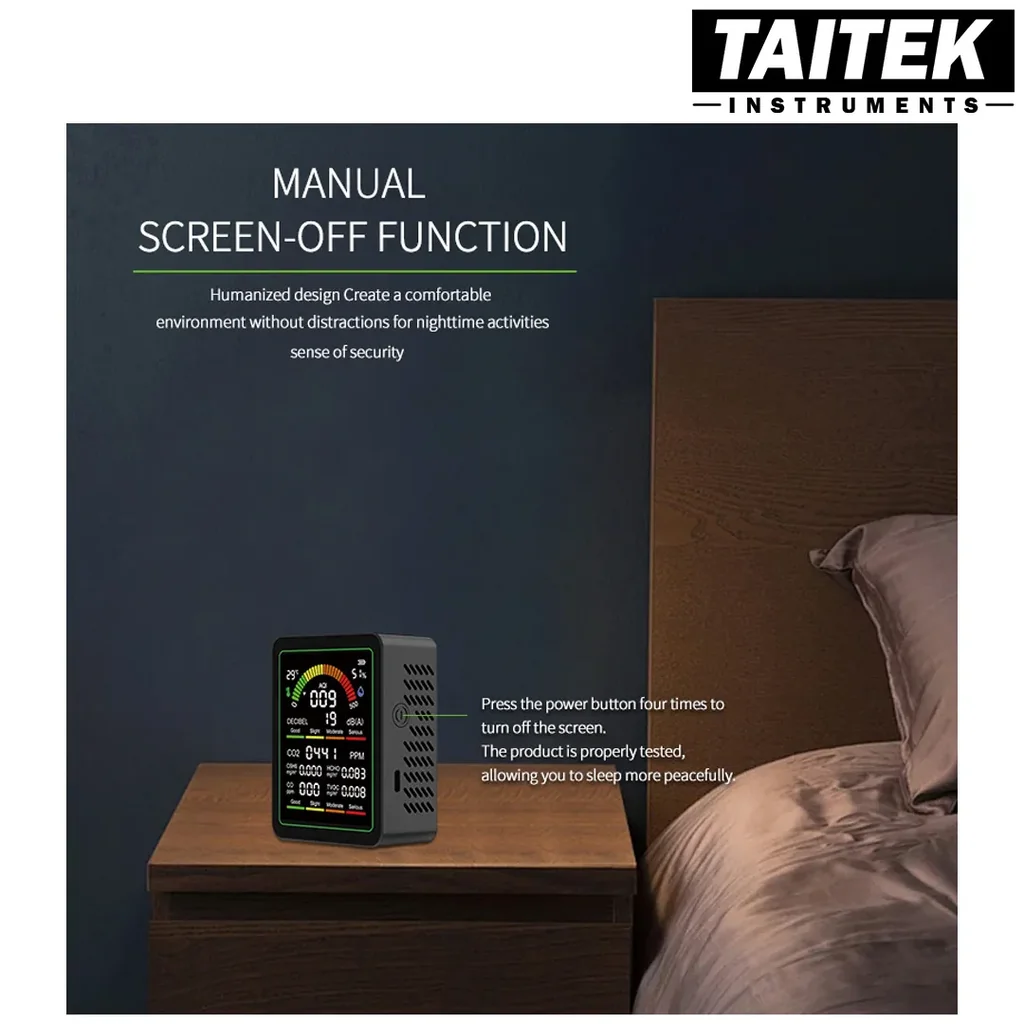 TAITEK เครื่องวัดคุณภาพอากาศและระดับเสียง Noise and Air Quality Monitor รุ่น MT12 9in1 AQI Temperature Humidity Noise CO2 CO HCHO TVOC C6H6 TAITEK เครื่องวัดคุณภาพอากาศและระดับเสียง Noise and Air Quality Monitor รุ่น MT12 9in1 AQI Temperature Humidity Noise CO2 CO HCHO TVOC C6H6