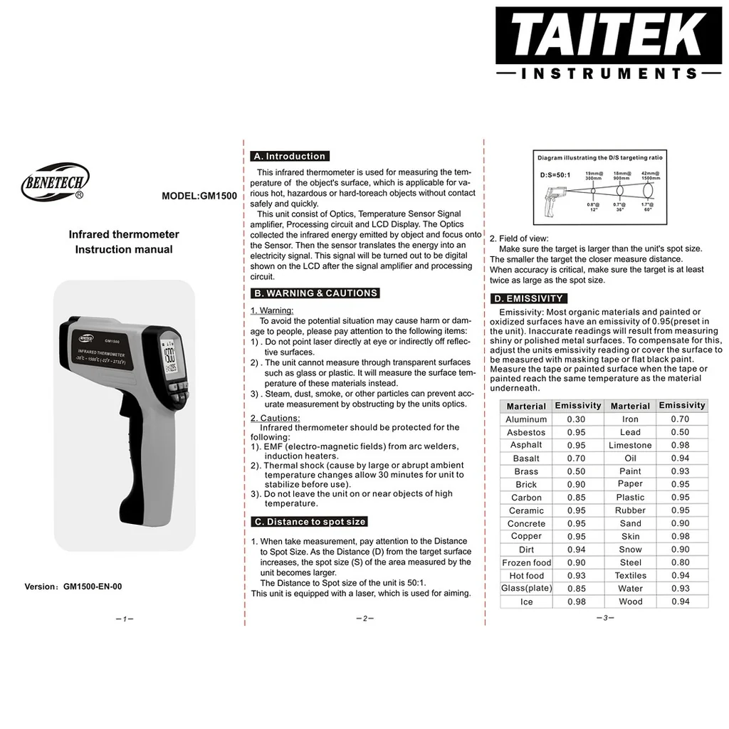 เครื่องวัดอุณหภูมิแบบอินฟราเรด Infrared Thermometer Benetech รุ่น GM1500 ช่วงการวัด -30~1500℃ เครื่องวัดอุณหภูมิแบบอินฟราเรด Infrared Thermometer Benetech รุ่น GM1500 ช่วงการวัด -30~1500℃