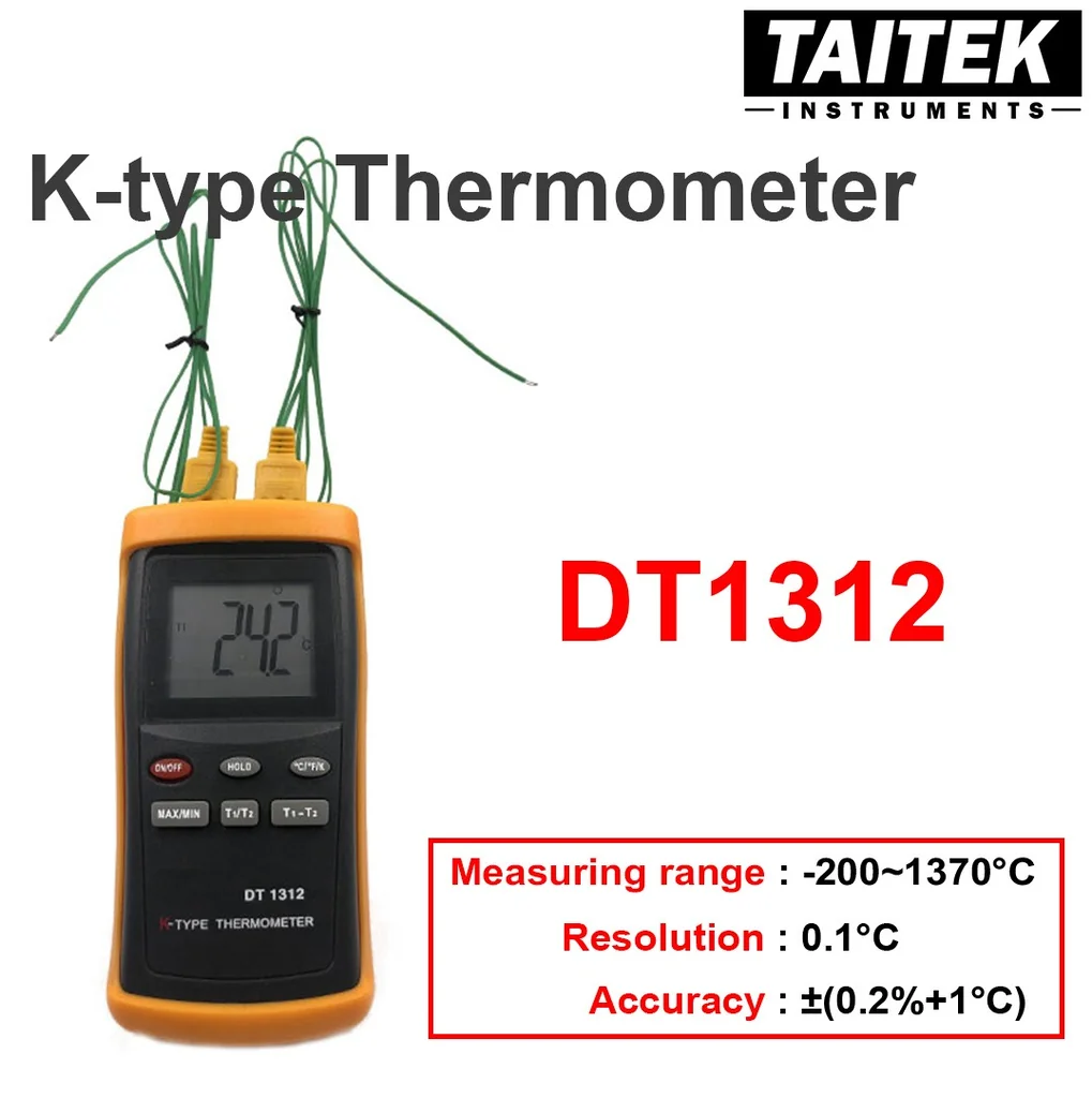 TAITEK เครื่องวัดอุณหภูมิ K-type Thermometer รุ่น DT1312 มี 2 ช่องเสียบโพรบ ช่วงการวัดอุณหภูมิ -200~1370°C ความละเอียด 0.1°C TAITEK เครื่องวัดอุณหภูมิ K-type Thermometer รุ่น DT1312 มี 2 ช่องเสียบโพรบ ช่วงการวัดอุณหภูมิ -200~1370°C ความละเอียด 0.1°C