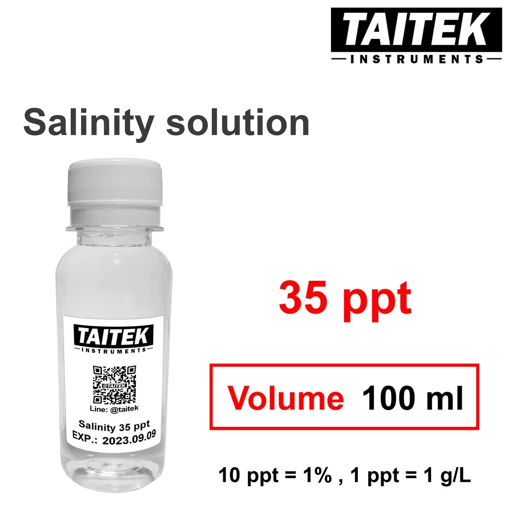 TAITEK น้ำยามาตรฐาน Salinity Solution ค่า 35 ppt (g/L) สำหรับปรับเทียบ คาลิเบรทเครื่องวัดความเค็ม (100 mL) TAITEK น้ำยามาตรฐาน Salinity Solution ค่า 35 ppt (g/L) สำหรับปรับเทียบ คาลิเบรทเครื่องวัดความเค็ม (100 mL)