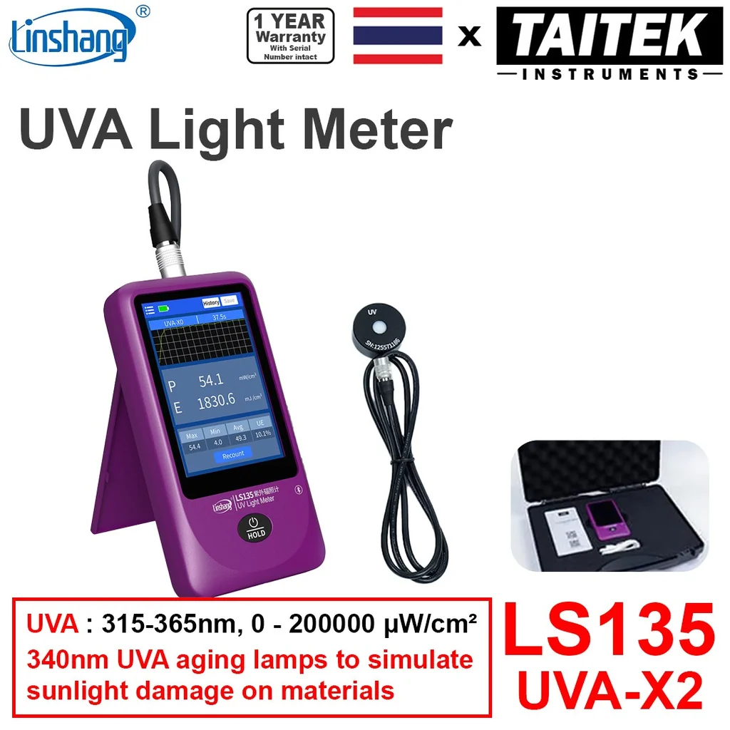 เครื่องวัดแสงยูวี UV Light Meter Linshang รุ่น LS135 UVA-X2 ระดับมืออาชีพ สำหรับวัดความเข้มและพลังงานของแสง UVA ของหลอดไฟ UVA 340nm เพื่อทดสอบการเสื่อมสภาพ เครื่องวัดแสงยูวี UV Light Meter Linshang รุ่น LS135 UVA-X2 ระดับมืออาชีพ สำหรับวัดความเข้มและพลังงานของแสง UVA ของหลอดไฟ UVA 340nm เพื่อทดสอบการเสื่อมสภาพ