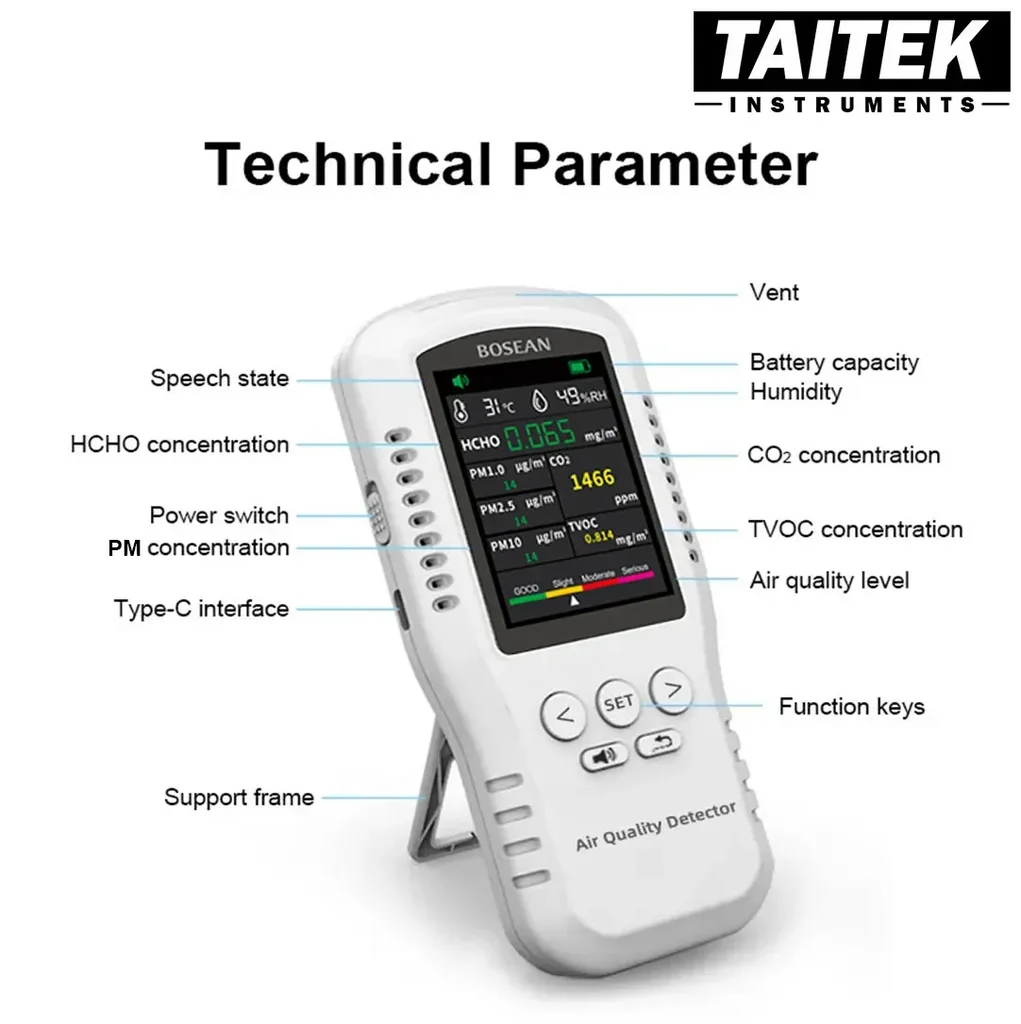 เครื่องวัดคุณภาพอากาศ Air Quality Detector Bosean รุ่น T-Z01 PRO 8in1 HCHO,PM1.0,PM2.5,PM10,CO2,TVOC,T&H เครื่องวัดคุณภาพอากาศ Air Quality Detector Bosean รุ่น T-Z01 PRO 8in1 HCHO,PM1.0,PM2.5,PM10,CO2,TVOC,T&H