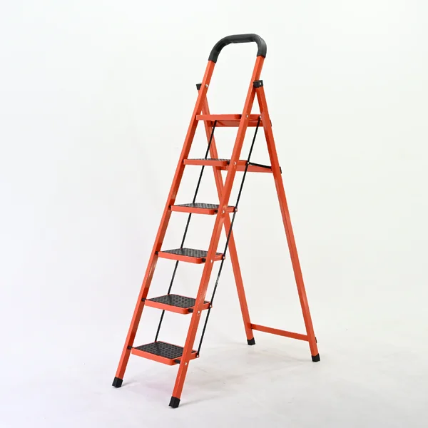 บันไดเหล็ก 6 ขั้น มีราวจับ รับน้ำหนักได้ 150 KG สีส้ม 25X35-6