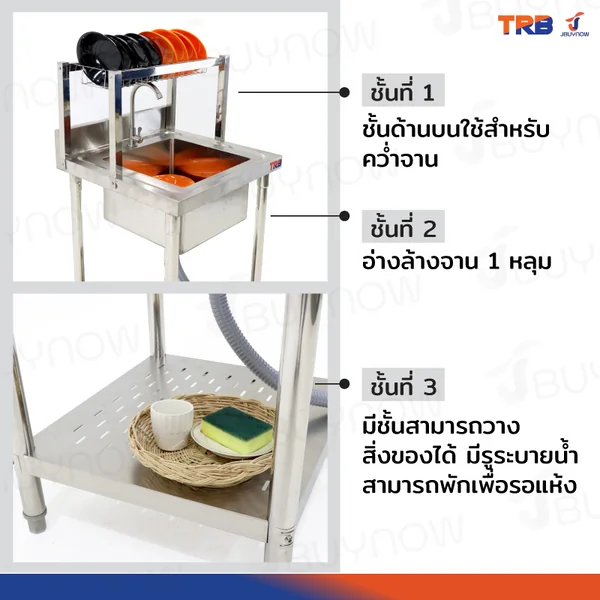 ซิงค์ล้างจาน1หลุม 1ที่คว่ำจาน+1 ชั้นวางใต้ซิงค์ SUS201 60x60x120 ซม. JBUYNOW TRB RB230531-1 image 6 ซิงค์ล้างจาน1หลุม 1ที่คว่ำจาน+1 ชั้นวางใต้ซิงค์ SUS201 60x60x120 ซม. JBUYNOW TRB RB230531-1 image 6