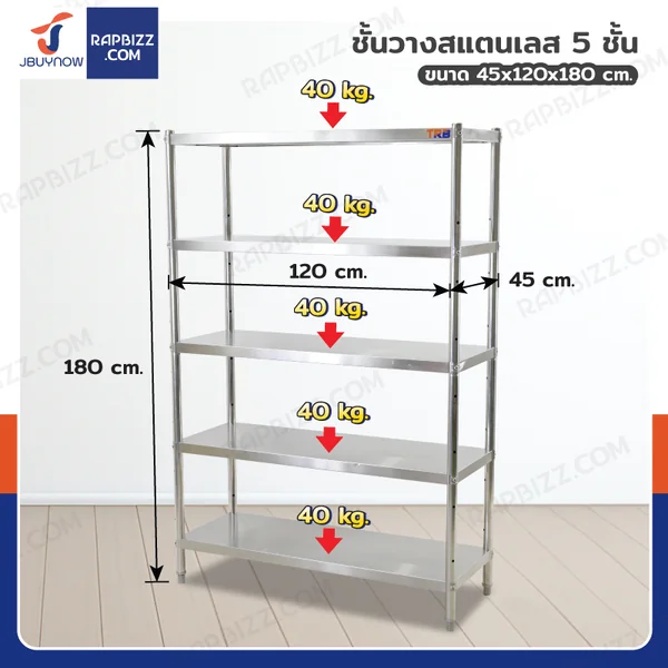 ชั้นวางของ สแตนเลส 5 ชั้น สแตนเลส เกรด 201 45x120x180 ซม. RT1812-5