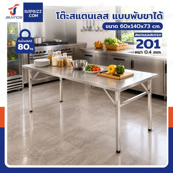 โต๊ะสแตนเลส 201 ทรงเหลี่ยม พับขาได้ แบบหน้าโต๊ะเรียบ 60x140x73 cm โต๊ะสแตนเลส 201 ทรงเหลี่ยม พับขาได้ แบบหน้าโต๊ะเรียบ 60x140x73 cm