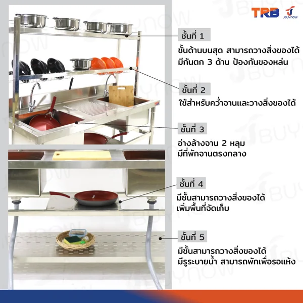 ซิงค์ล้างจาน2หลุม 1ที่พัก 2ที่คว่ำจาน+2 ชั้นวางใต้ซิงค์ SUS201 60x150x155 ซม. RB230531-5-2L image 6 ซิงค์ล้างจาน2หลุม 1ที่พัก 2ที่คว่ำจาน+2 ชั้นวางใต้ซิงค์ SUS201 60x150x155 ซม. RB230531-5-2L image 6